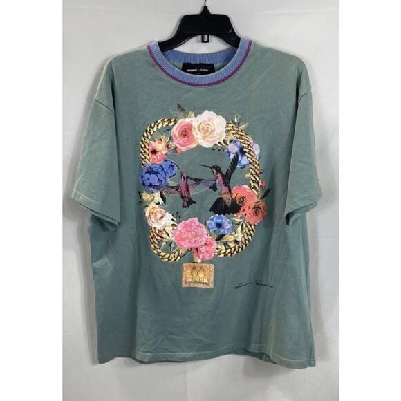 Homme + Femme Paradise Chain Tee with a Hummingbird & Flowers Sz. L - Picture 1 of 5